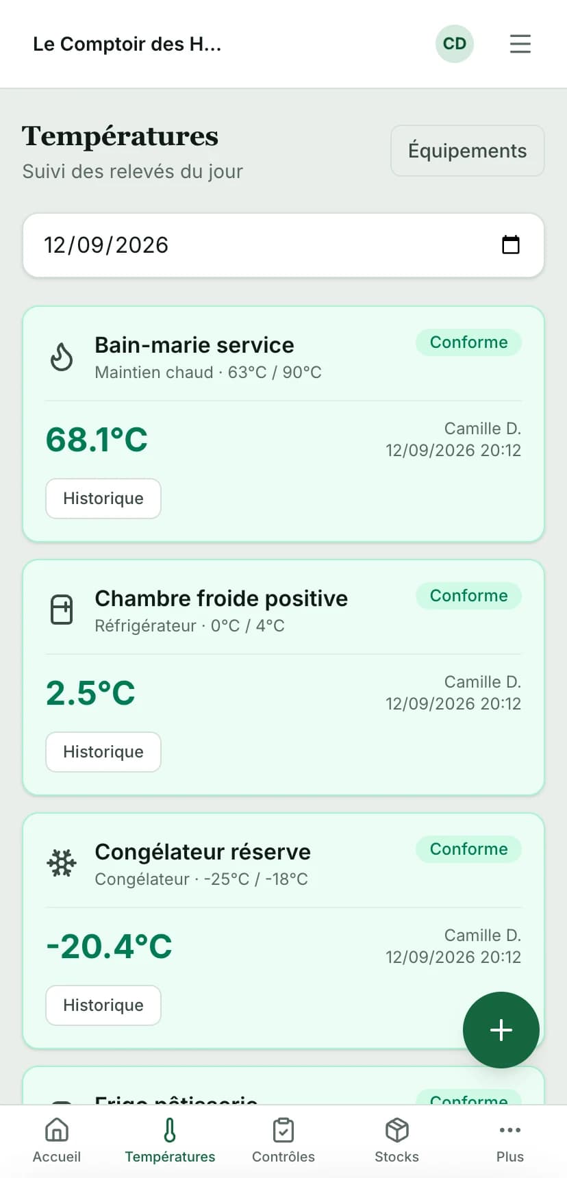 Pack Hygiène Restaurant sur téléphone : les relevés de température du jour, chaque équipement avec son seuil et la personne qui a relevé.